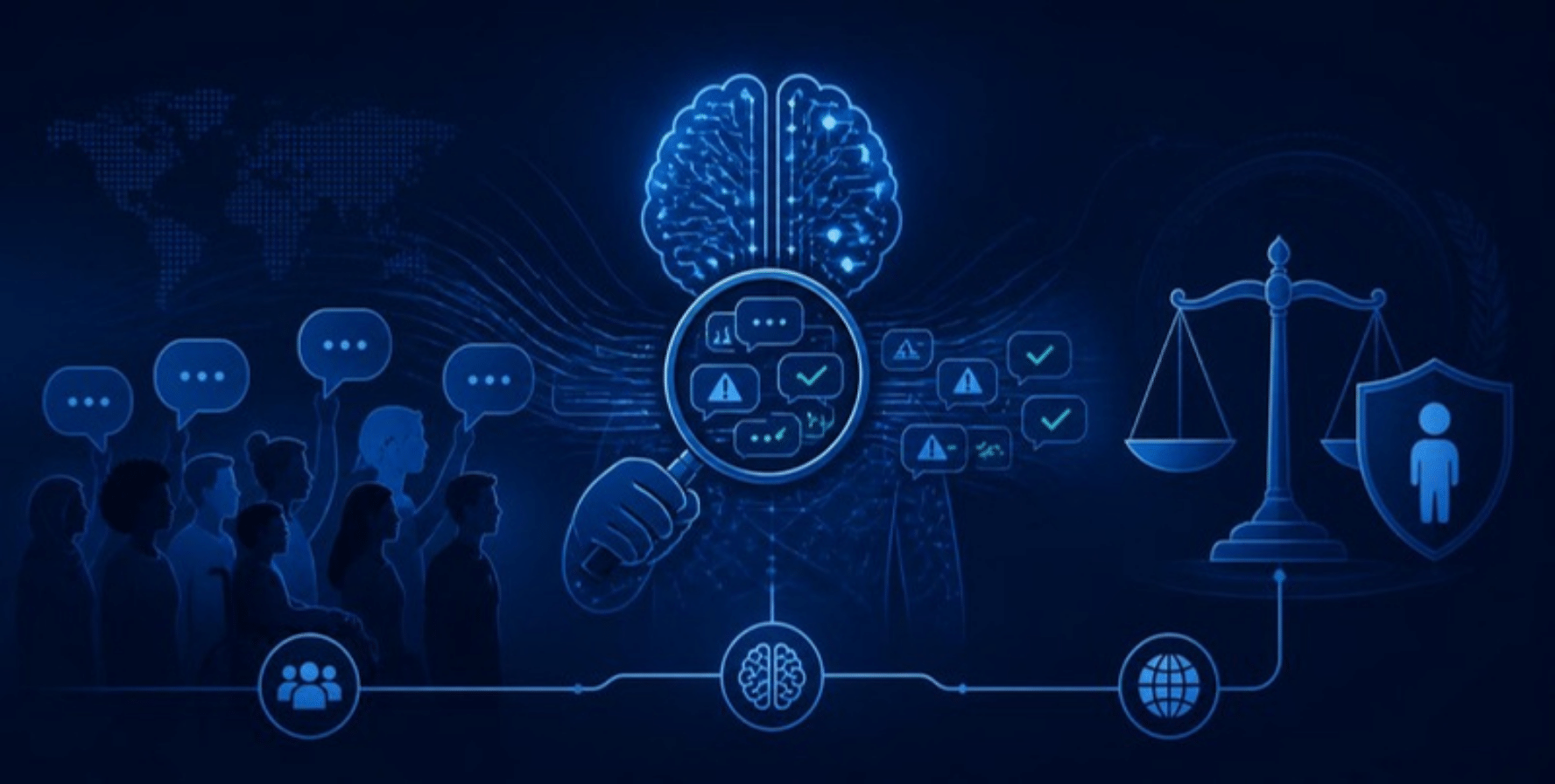 Illustration of an AI brain examining social media speech bubbles with a magnifying glass, beside scales of justice and a shield