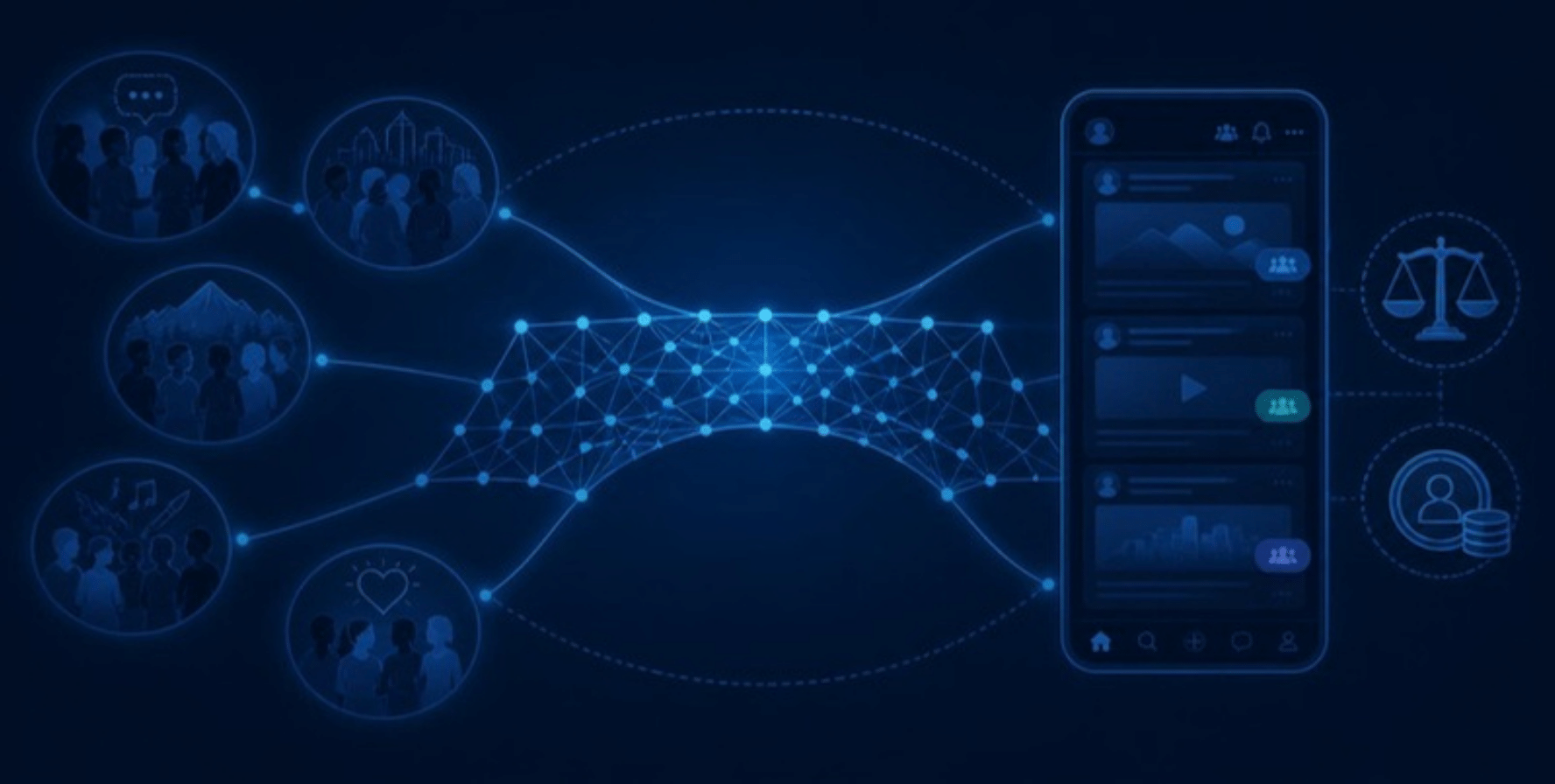 Illustration of community clusters linked through a woven network to a social media feed, with scales and a subscription icon