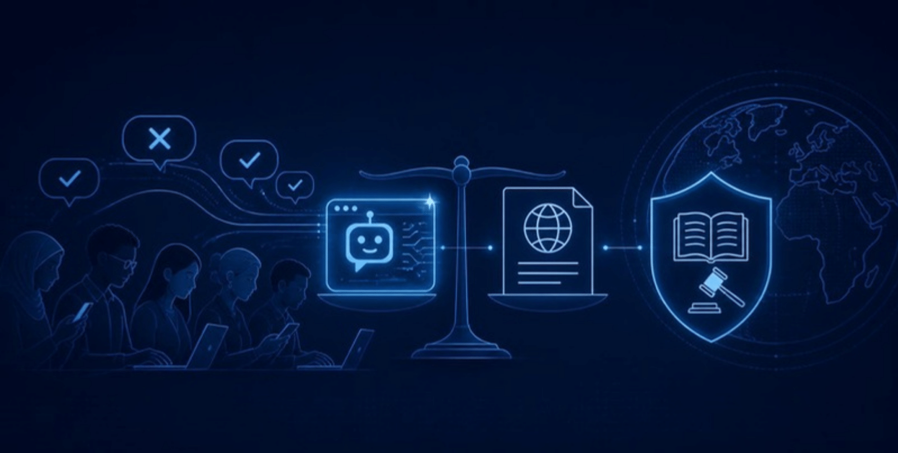 Illustration of an AI chat window balanced on scales of justice against an international human rights law document, with users and a shield