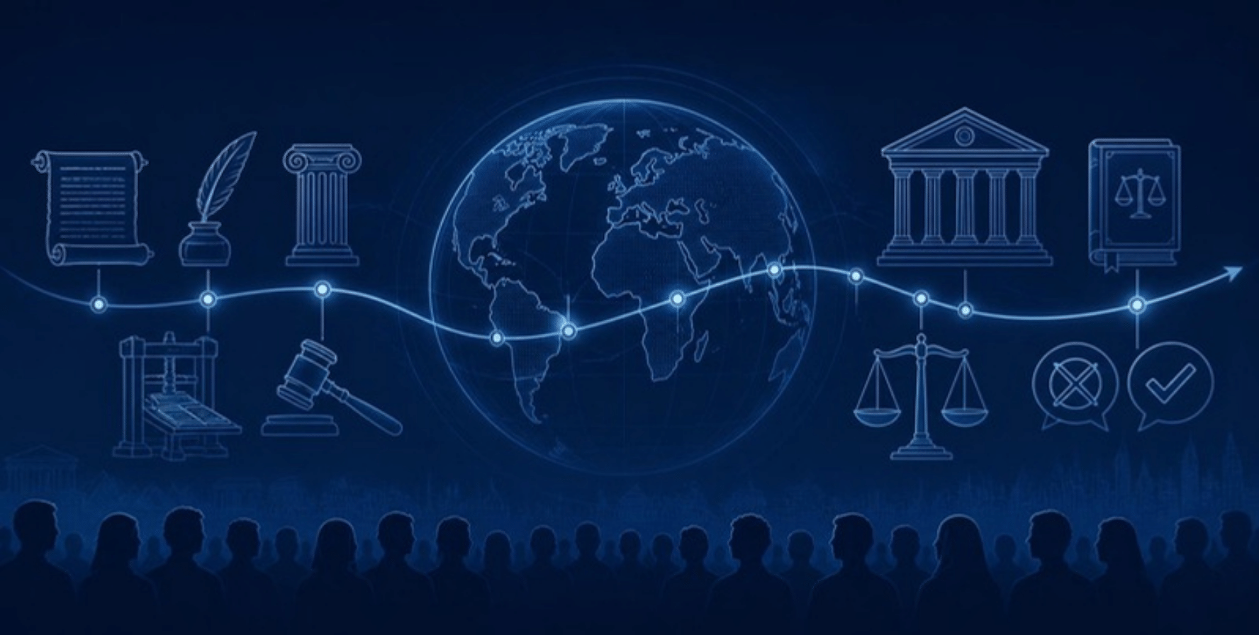 Timeline of hate speech laws from historical scrolls and printing press to a modern courthouse and scales of justice across a world globe